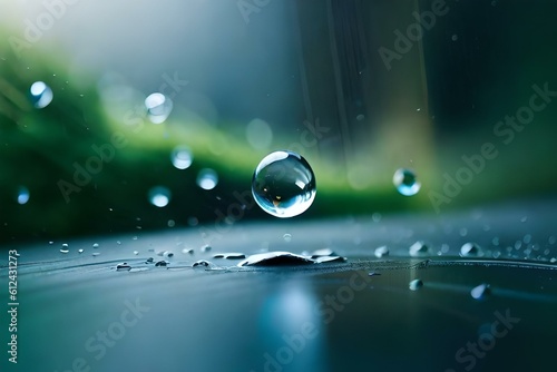 Drops of rain on a windowpane: Focus on the close-up view of raindrops sliding down a window, capturing their spherical shape, the way they distort the view outside