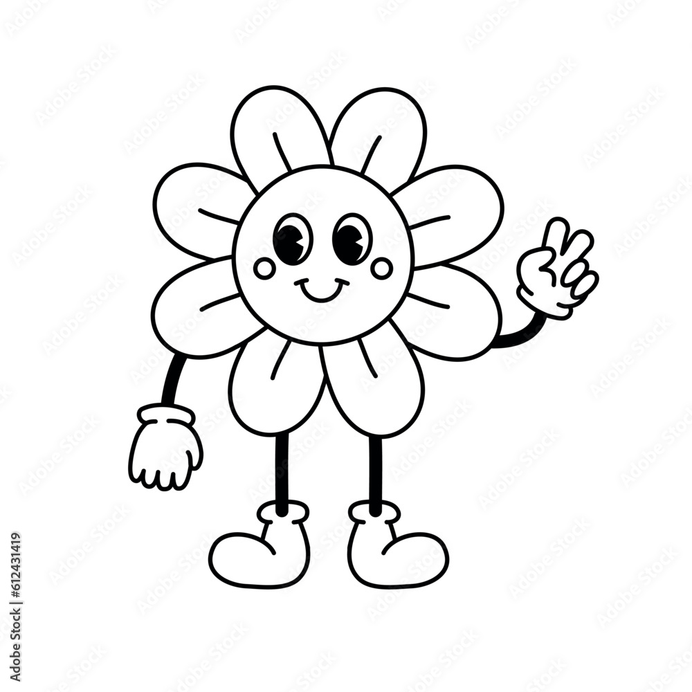 Vector retro groovy cartoon outline flower isolated on white background