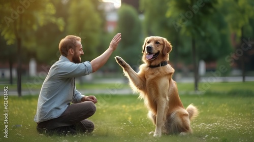 A man trains a dog in the park. A man is playing with a dog. Generative AI.