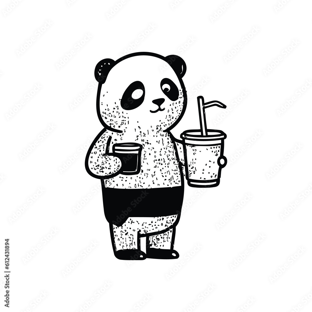 black and white Cute panda drinking cartoon coloring pages for kids, vector illustration black and white Cute panda drinking cartoon coloring pages for kids, vector illustration