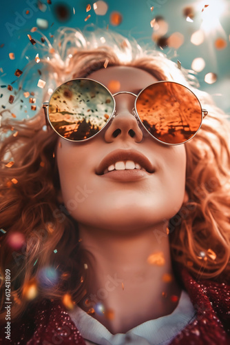Woman wearing sunglasses. Happy at a festival.