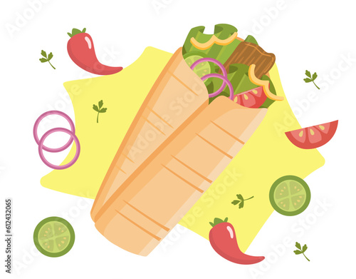 Food shawarma with vegetables concept. Fast food or healthy eating. Catering and cafe menu. Lavash with tomatoes, onions, peppers and lettuce, meat. Cartoon flat vector illustration