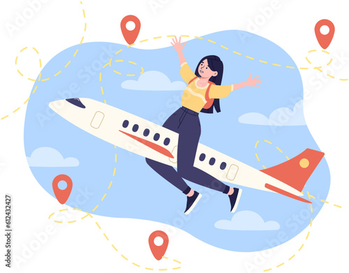 Woman on airplane in sky concept. Young girl with backpack on her back on vehicle. Travel and tourism. Holiday and vacation. Flight in plane, trip. Cartoon flat vector illustration