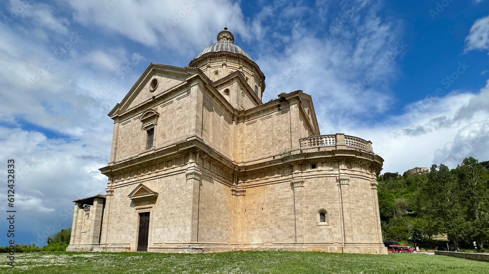 San Biagio Church is a Greek cross plan with a central dome in Montepulciano, Italy