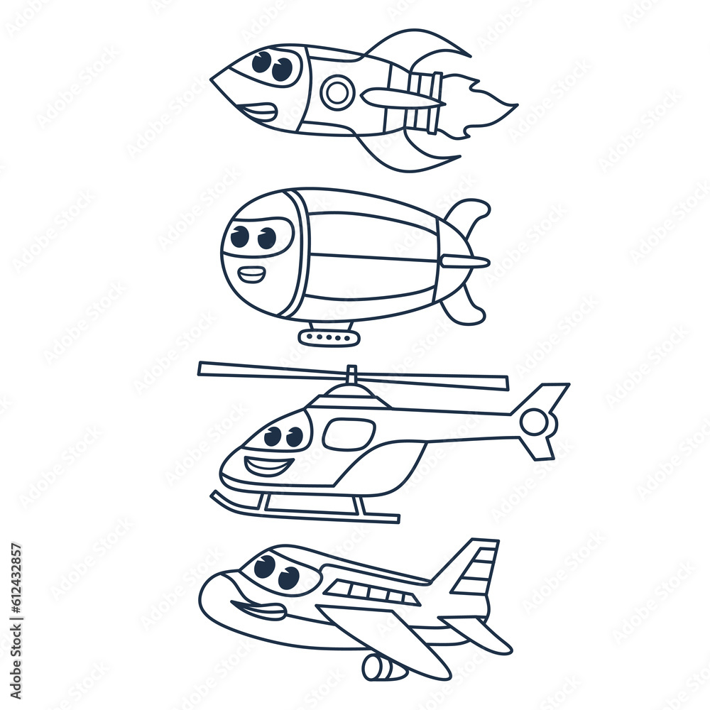 air transportation doodle set,plane,rocket,helicopter,hot air balloon.vector illustration for kids on white background air transportation doodle set,plane,rocket,helicopter,hot air balloon.vector illustration for kids on white background
