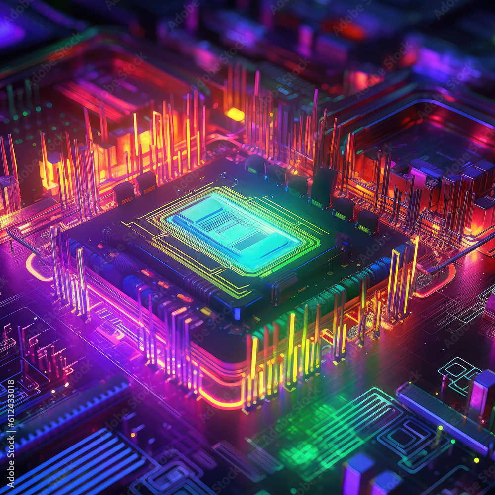 Fototapeta premium 3D rainbow multi colored Processor CPU on a circuit board