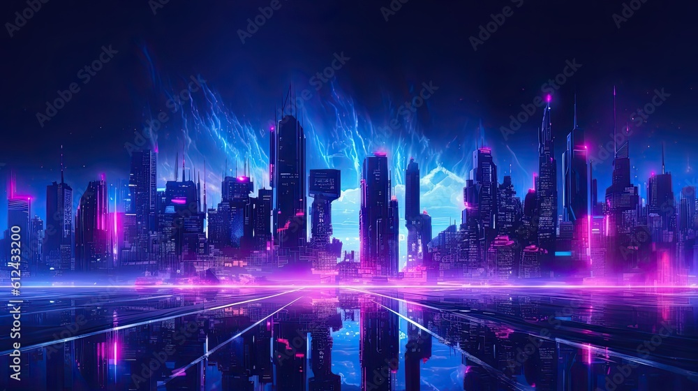 A Glimpse into the Neon-Lit Cyberpunk Future: Perspective of Glowing City Skyscape of Towering Art, Generative AI