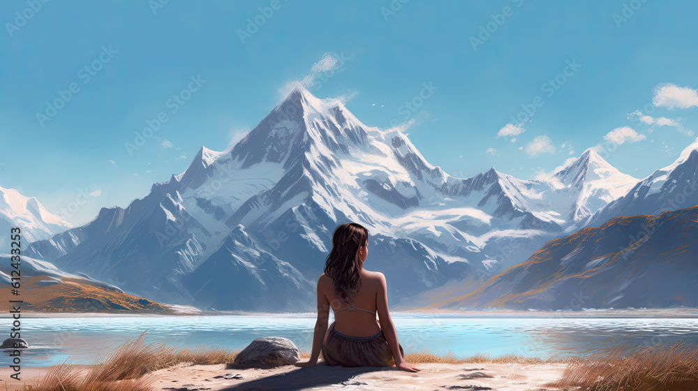 Illustration of beautiful girl sitting on a beach with snowy mountains behind