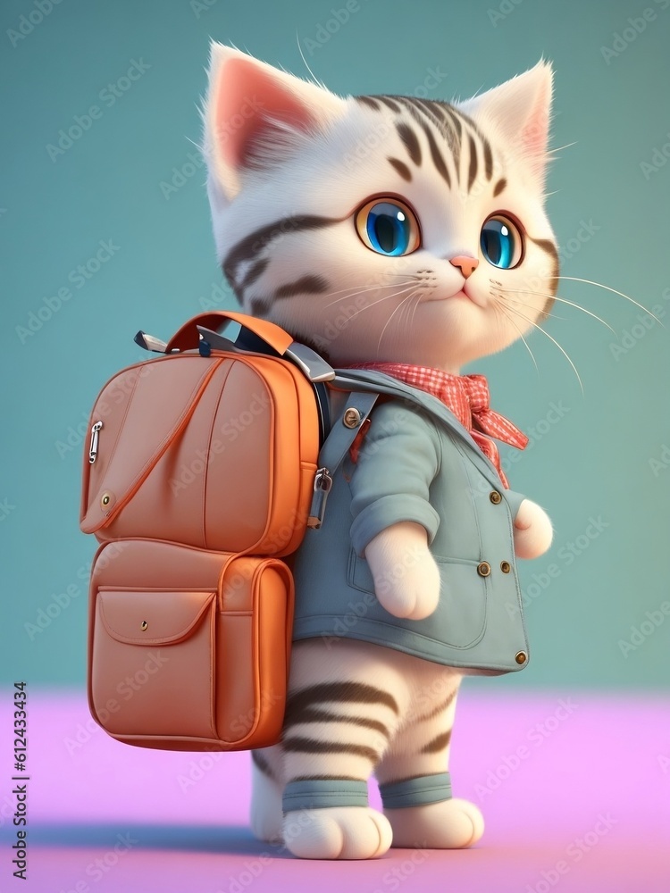 Cute cat cartoon carrying a bag going to school.Generative AI