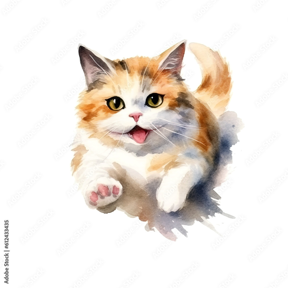 Cute cat watercolor isolated on white background. Kitty cartoon watercolor graphic illustration. Generative AI Cute cat watercolor isolated on white background. Kitty cartoon watercolor graphic illustration. Generative AI