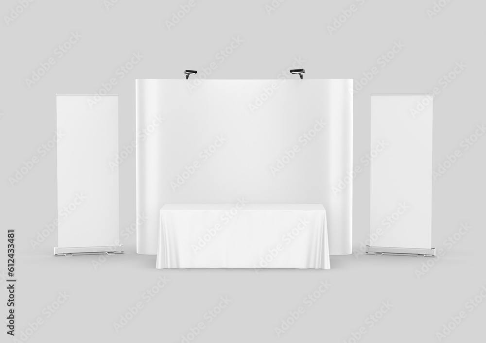 custom made wallpaper toronto digitalExhibition Tension Fabric Display Banner Stand Backdrop for trade show advertising stand with LED OR Halogen Light with standees and table counter. 3d render illustration.