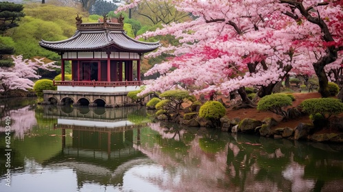 Serenity and Beauty of the Japanese Garden  Ornamental Cherry Blossom  Sky-Colours  Duck Pond  and a Shrine Temple  Generative AI
