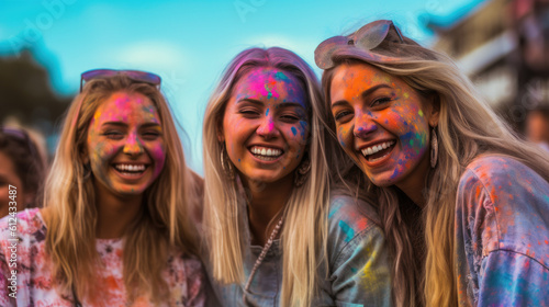 Beautiful girls / women having fun at a music festival / concert with colorful paint / dust