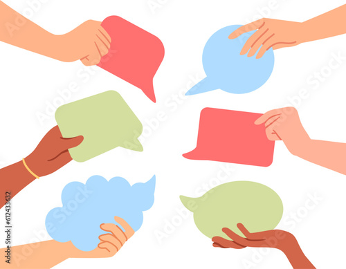 Hands with speech bubbles concept. Communication and interaction, discussion and chat, dialogue, text. Template, layout and mock up. Cartoon flat vector illustration isolated on white background
