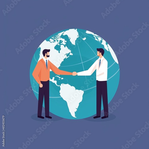 Joint venture. Collaboration. Global Business. Business people shaking hand behind globe. Business  illustration  Generative AI