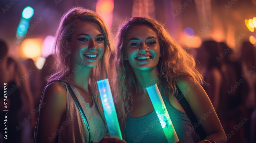 Beautiful girls / women having fun at a music festival / concert at night with glowsticks