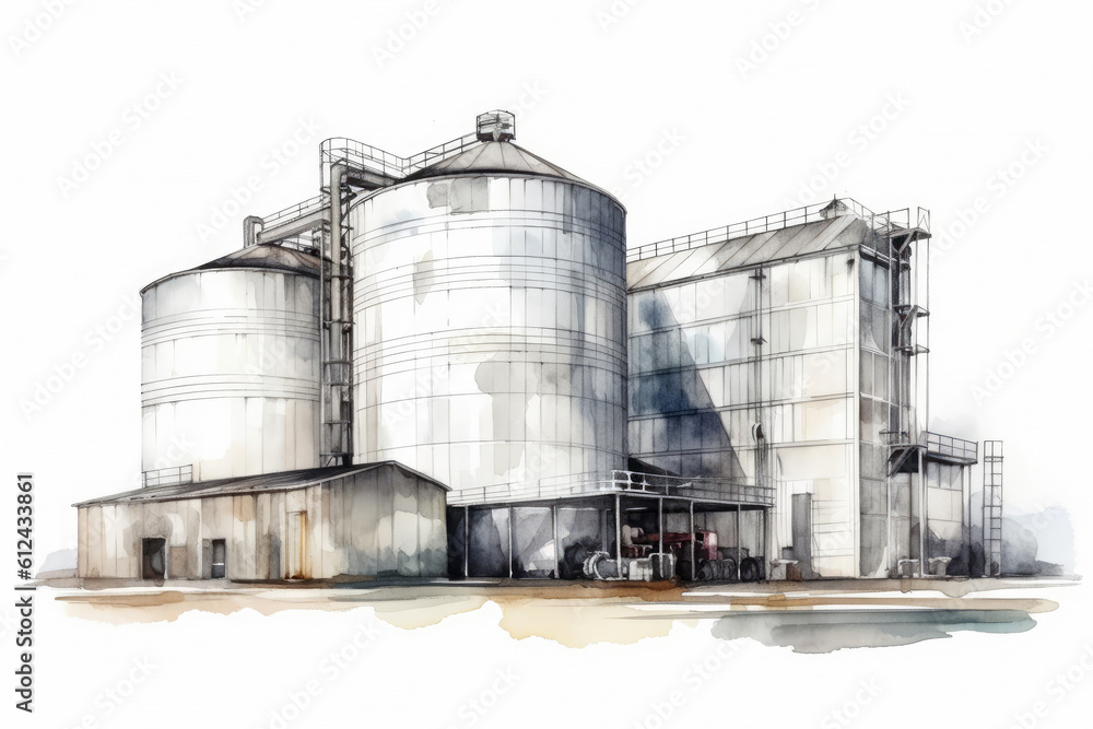 Obraz premium Watercolor drawing paint of industry zone, refinery power plant energy station for stored, petrochemical industrial, factory food processing plant isolated on white background, with Generative AI.
