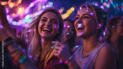 Beautiful girls / women having fun at a music festival / concert at night with fireworks in the background
