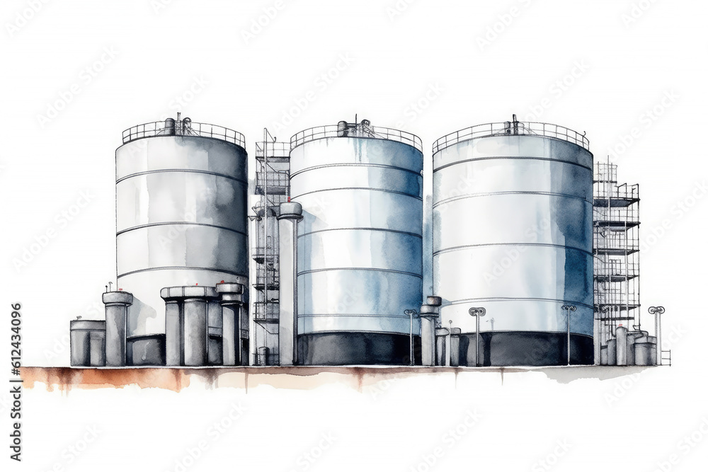 Watercolor drawing paint of industry zone, refinery power plant energy station for stored, petrochemical industrial, factory food processing plant isolated on white background, with Generative AI. Watercolor drawing paint of industry zone, refinery power plant energy station for stored, petrochemical industrial, factory food processing plant isolated on white background, with Generative AI.