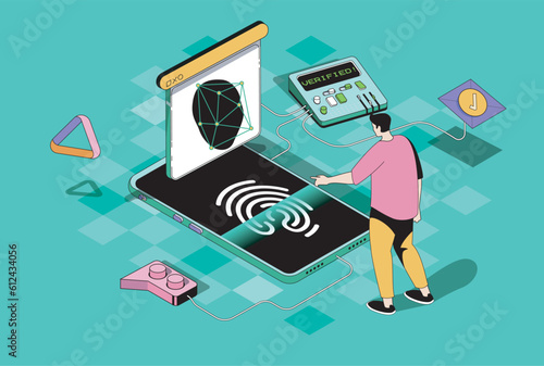 Biometric control concept in 3d isometric design. Man using secure access with ID verification, fingerprint scanning, face recognition. Vector illustration with isometry people scene for web graphic