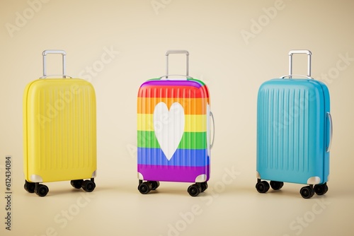 travel suitcases in yellow, blue and lgbt colors on a yellow background. 3d render