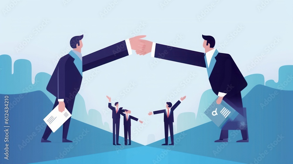 Fototapeta premium Deal. People overcome an obstacle by joining hands. Business illustration, Generative AI