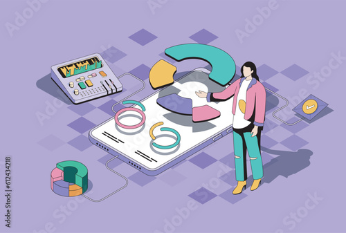 Data analysis concept in 3d isometric design. Woman working with diagram, researching charts and graphs at mobile phone app screens. Vector illustration with isometry people scene for web graphic