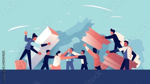 Deal. People overcome an obstacle by joining hands. Business illustration, Generative AI