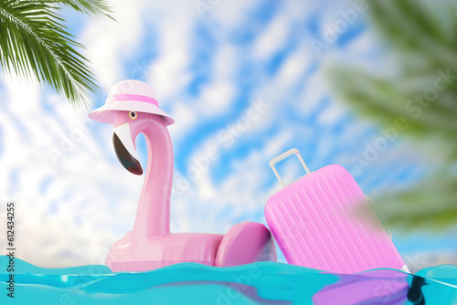 concept of summer vacation. flamingo inflatable ring and suitcase floating on the water. 3d render