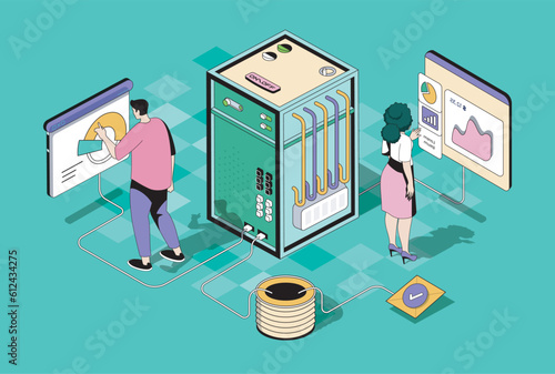 Data centre concept in 3d isometric design. Woman and man work as tech administrators, monitoring system and infrastructure optimization. Vector illustration with isometry people scene for web graphic
