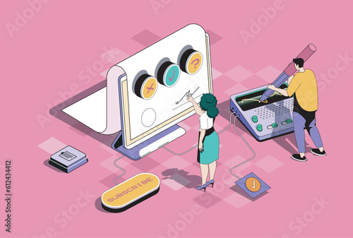 Electronic contract concept in 3d isometric design. Businessman and businesswoman signing agreement legal document in digital form. Vector illustration with isometry people scene for web graphic photo