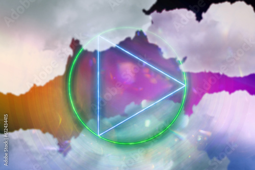 Abstract background consisting of neon geometric shapes around which there are clouds. 3D render