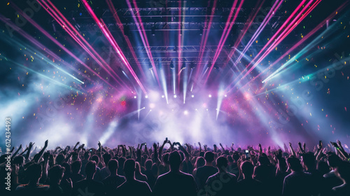 Live festival concert illustration with lights  lasers  smoke and a dancing crowd