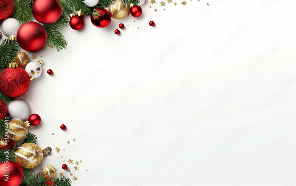 Merry Christmas banner, Design with wide copy space for text. Gift boxes, fir tree branches, and red and green ornaments were placed for a Christmas look.  Generative AI