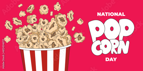 National popcorn day banner with striped box full of popcorn. Illustration with pop corn for poster, cover, menu, social media. January 19. Vector snack food on red background. Fast food.