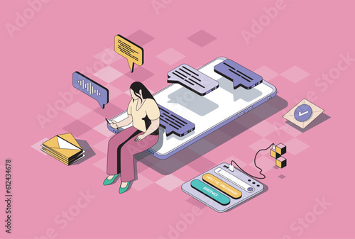 Messaging services concept in 3d isometric design. Woman using mobile app for sending emails, chatting with friends, answering messages. Vector illustration with isometry people scene for web graphic