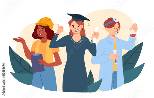 Women in different professions concept. Teacher, builder and doctor. Young girls in uniforms. International holiday, labor day. Poster or banner for website. Cartoon flat vector illustration