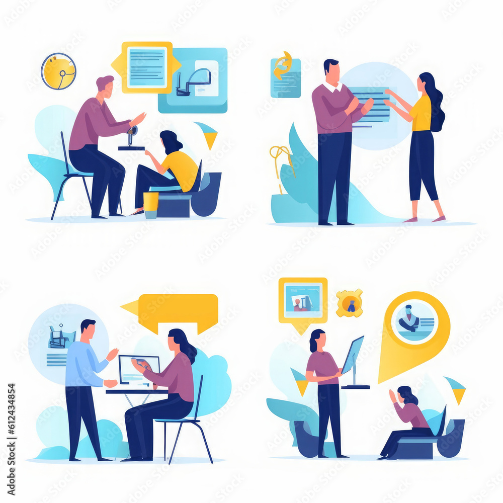 Promotion, advertising, communication, to argue, distance working. Set of business illustration, Generative AI Promotion, advertising, communication, to argue, distance working. Set of business illustration, Generative AI
