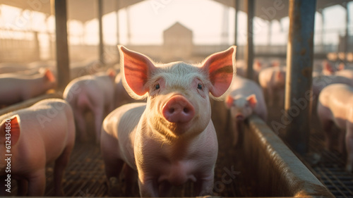 Curious small piglet. Pig indoor on farm. Pork livestock breeding. Generative AI
