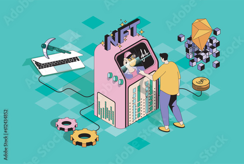 NFT token art concept in 3d isometric design. Man buying virtual paintings and electronic cryptographic artworks on online marketplaces. Vector illustration with isometry people scene for web graphic