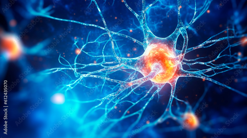 Neuron cells with glowing link knots. Red and blue Neurons brain. Generative AI Neuron cells with glowing link knots. Red and blue Neurons brain. Generative AI
