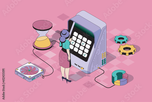 Time management concept in 3d isometric design. Woman planning tasks and working time for control workflow organization to deadline. Vector illustration with isometry people scene for web graphic