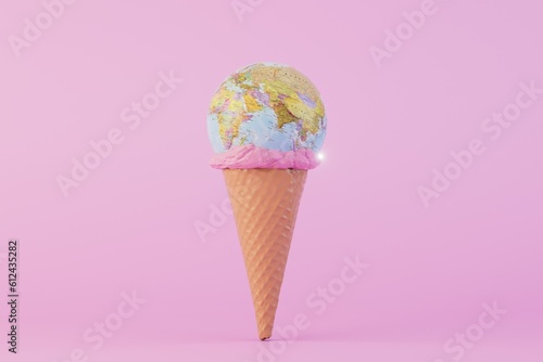 travel for all tastes. Globe in a waffle cup on a pastel background. 3D render