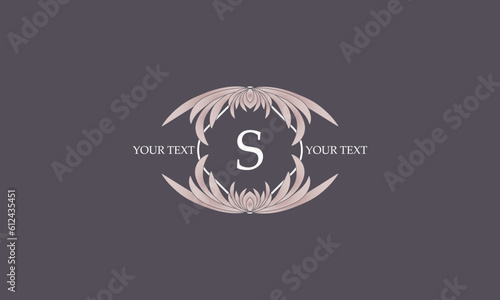 Floral monogram for cards, invitations, menus, labels with the letter S in the center. Graphic design for pages, business signage, boutiques, cafes, hotels.