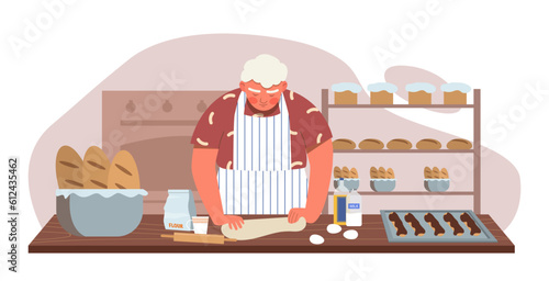 Baker man prepares product concept. Young guy in apron in kitchen with dough and eggs. Small business, cafe and catering. Loaves and baguette, floor products. Cartoon flat vector illustration