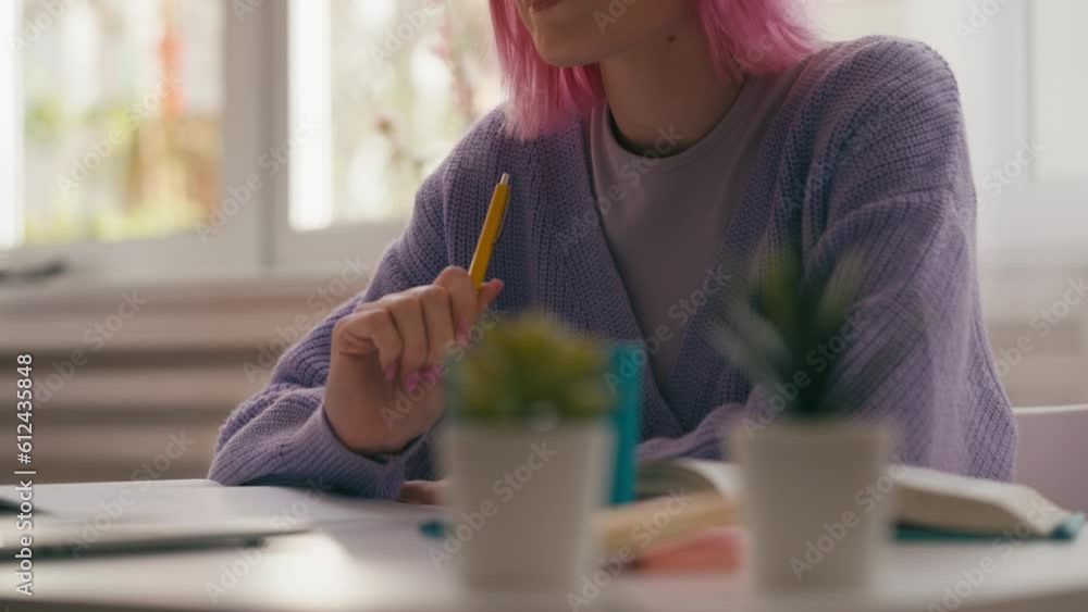 High school female student answering teacher during lesson, education process High school female student answering teacher during lesson, education process