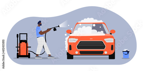 Man washing car vector concept. Young guy hoses down red vehicle with water and soap. Hygiene and cleanliness, purity. Auto repair and car washing service. Cartoon flat illustration