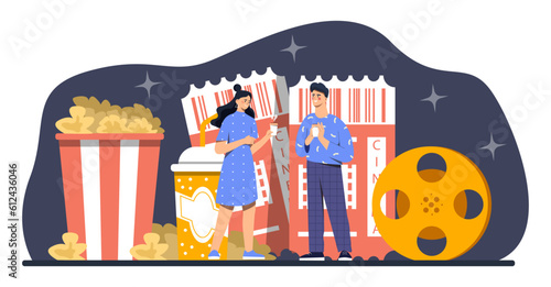 Man and woman in cinema concept. Young couple standing in front of tickets with popcorn and soda. Cultural recreation and entertainment. Movies and series. Cartoon flat vector illustration