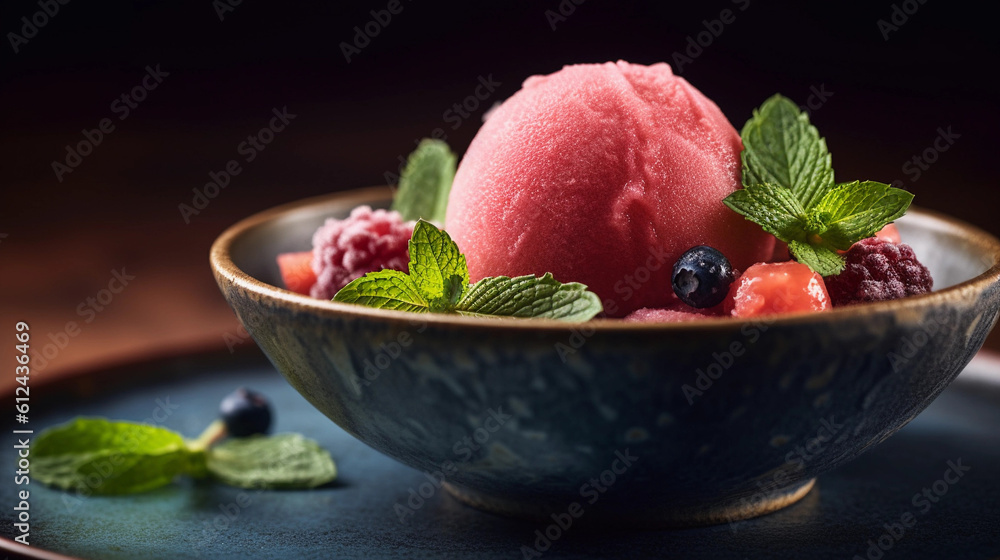 A frozen fruit sorbet, artfully arranged in a bowl and garnished with mint leaves