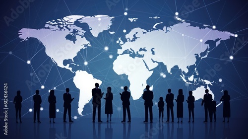 Network. Global Business. Illustration of a business team and world map. Business illustration